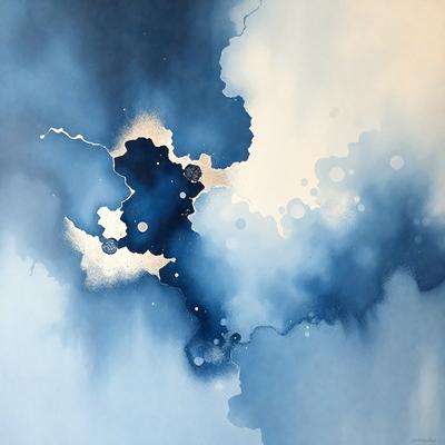 The primary subject of the image is a painting featuring a blue background with white and blue swirls. The setting is a canvas, and the visual style is a painting. The dominant colors are blue and white, creating a calm and serene atmosphere.